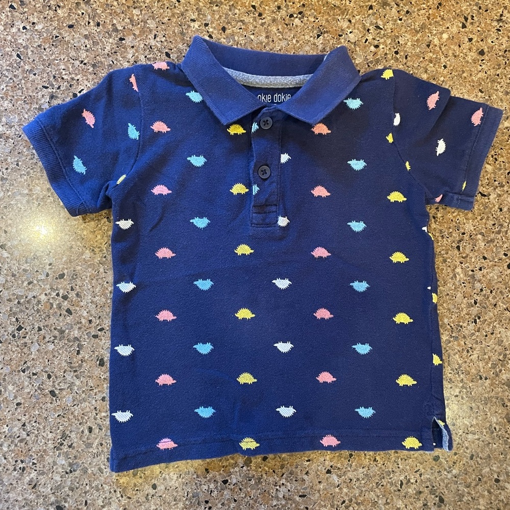 Okie Dokie Blue Polo with Multicolor Hedgehog Design